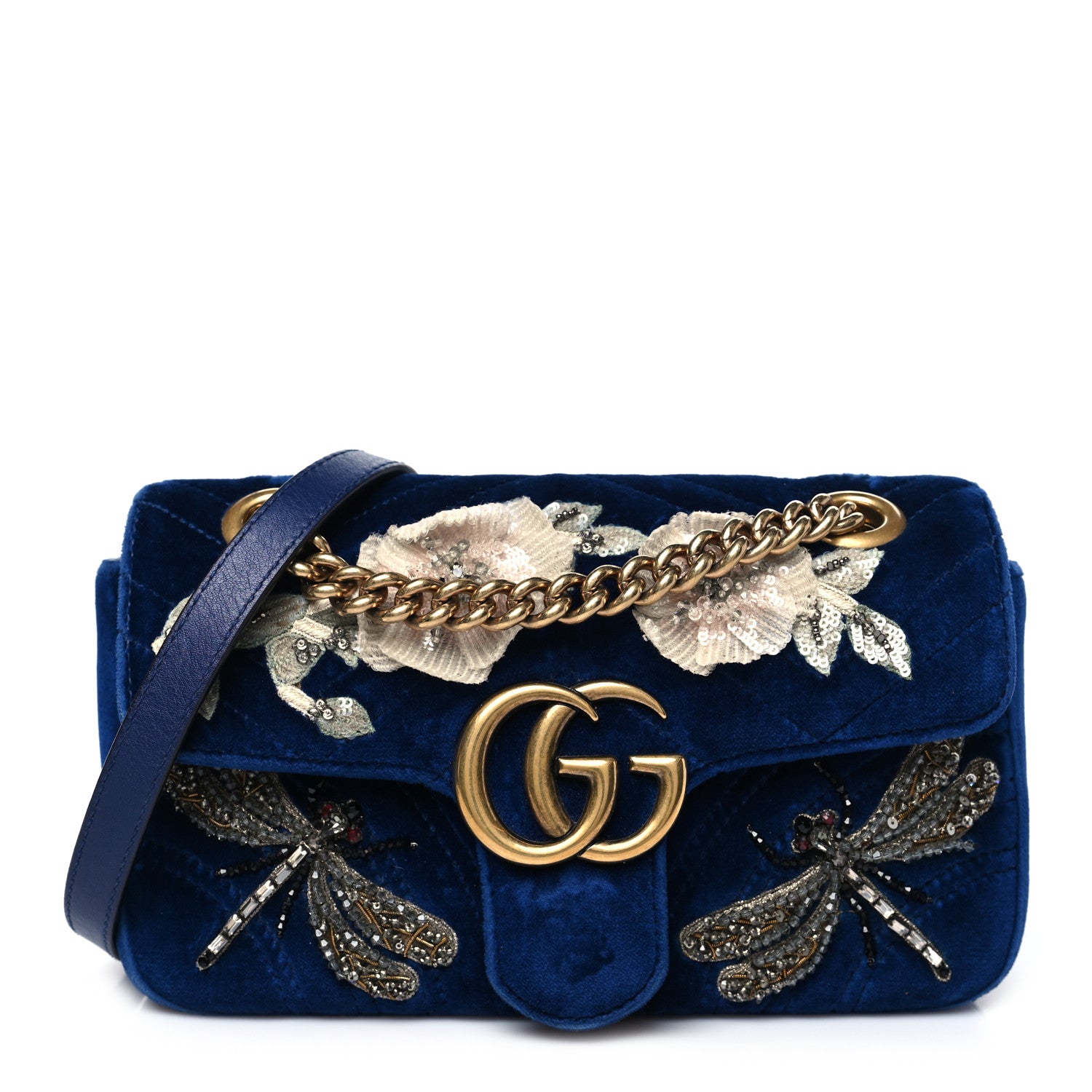 Gucci Velvet Matelasse Embroidered Mini GG Marmont Shoulder Bag Cobalt Blue 1 of 10