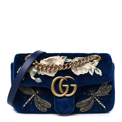 Gucci Velvet Matelasse Embroidered Mini GG Marmont Shoulder Bag Cobalt Blue 1 of 10