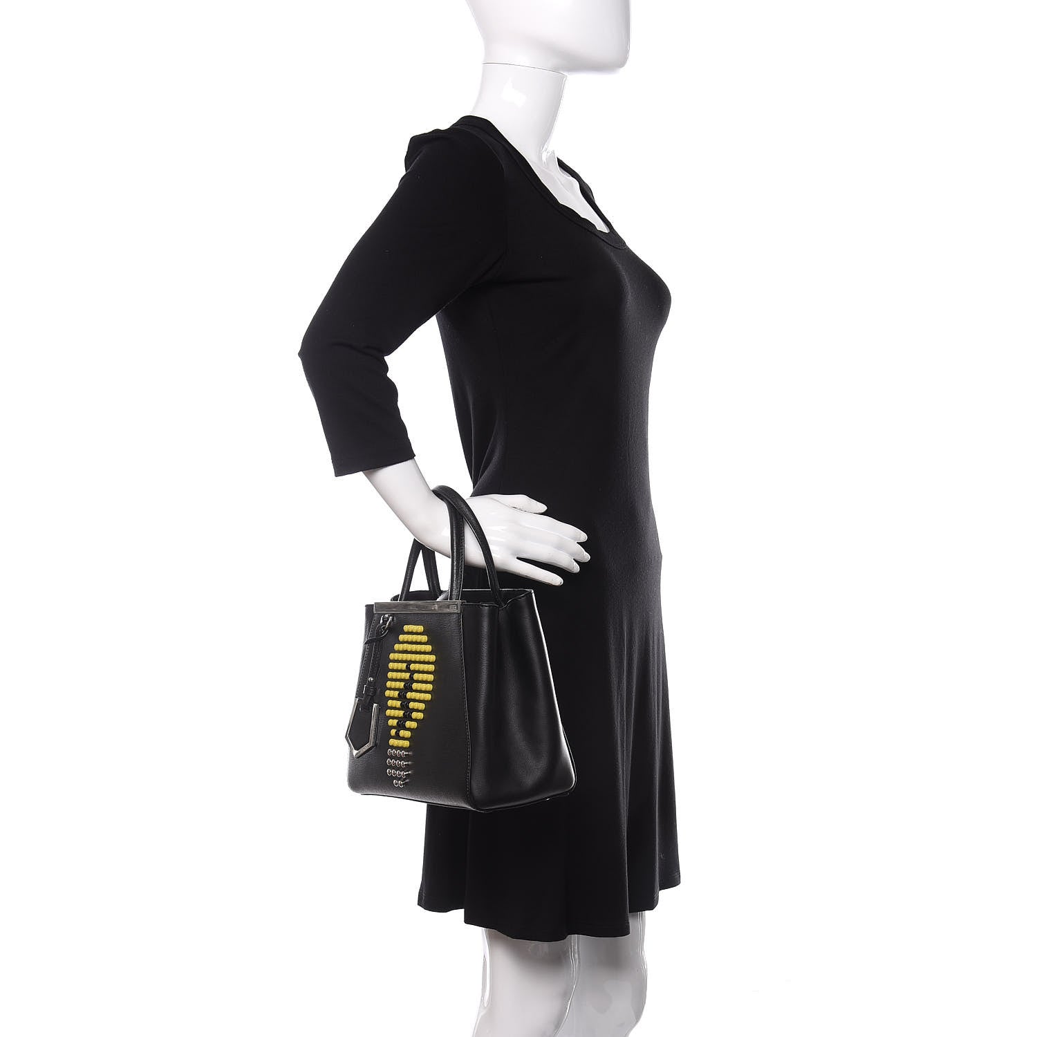 Fendi Vitello Elite Studded Light Bulb Petite 2Jours Tote Black Yellow 2 of 9