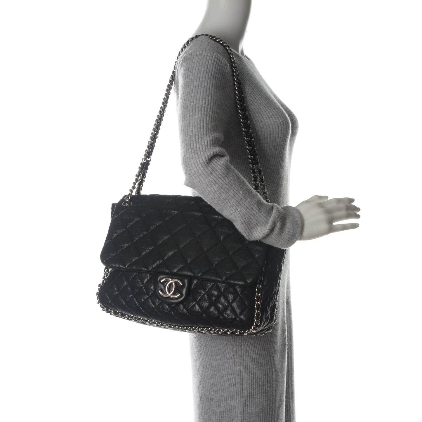 Washed Lambskin Quilted Maxi Chain Around Flap Black