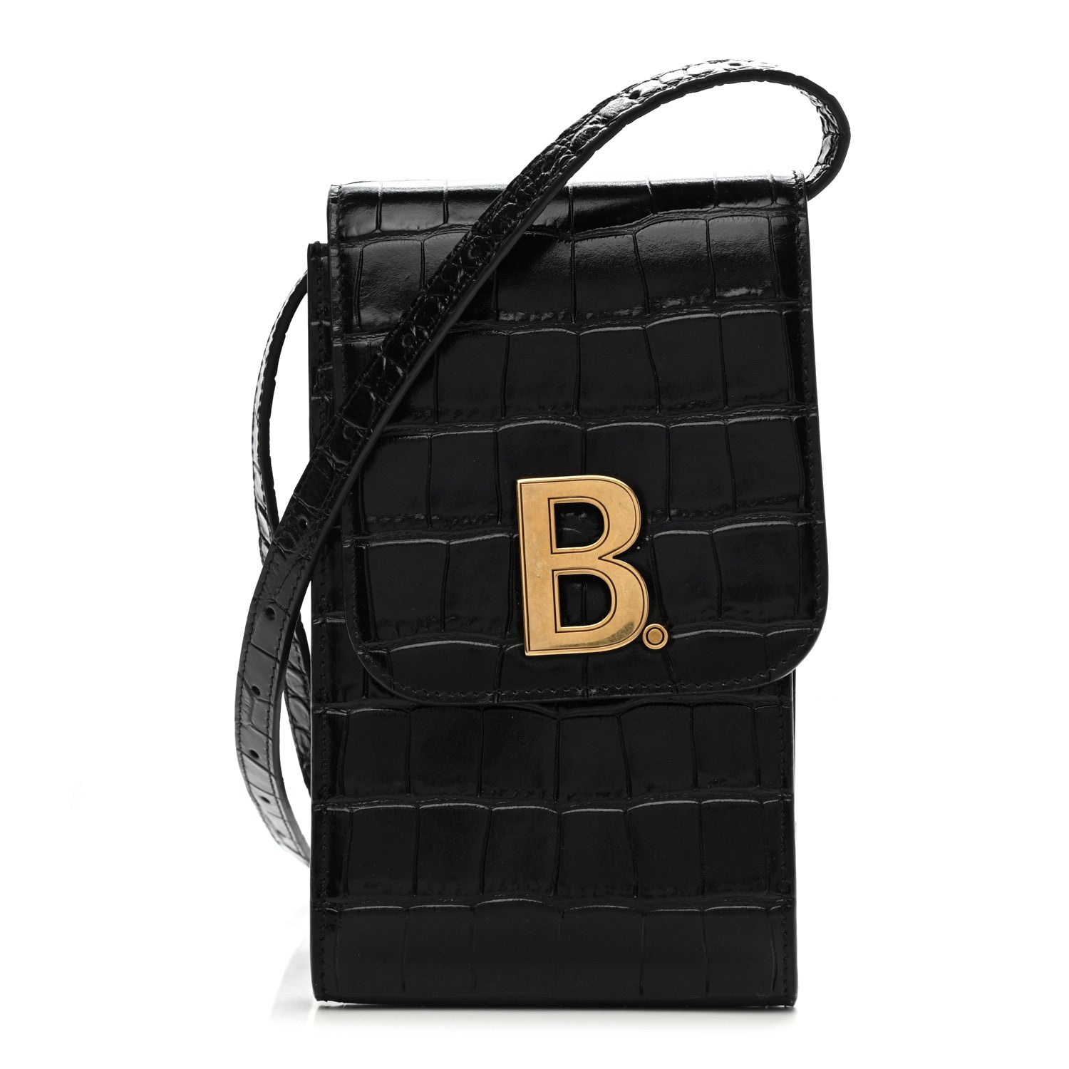 Balenciaga Shiny Calfskin Crocodile Embossed B Phone Holder Black 1 of 8
