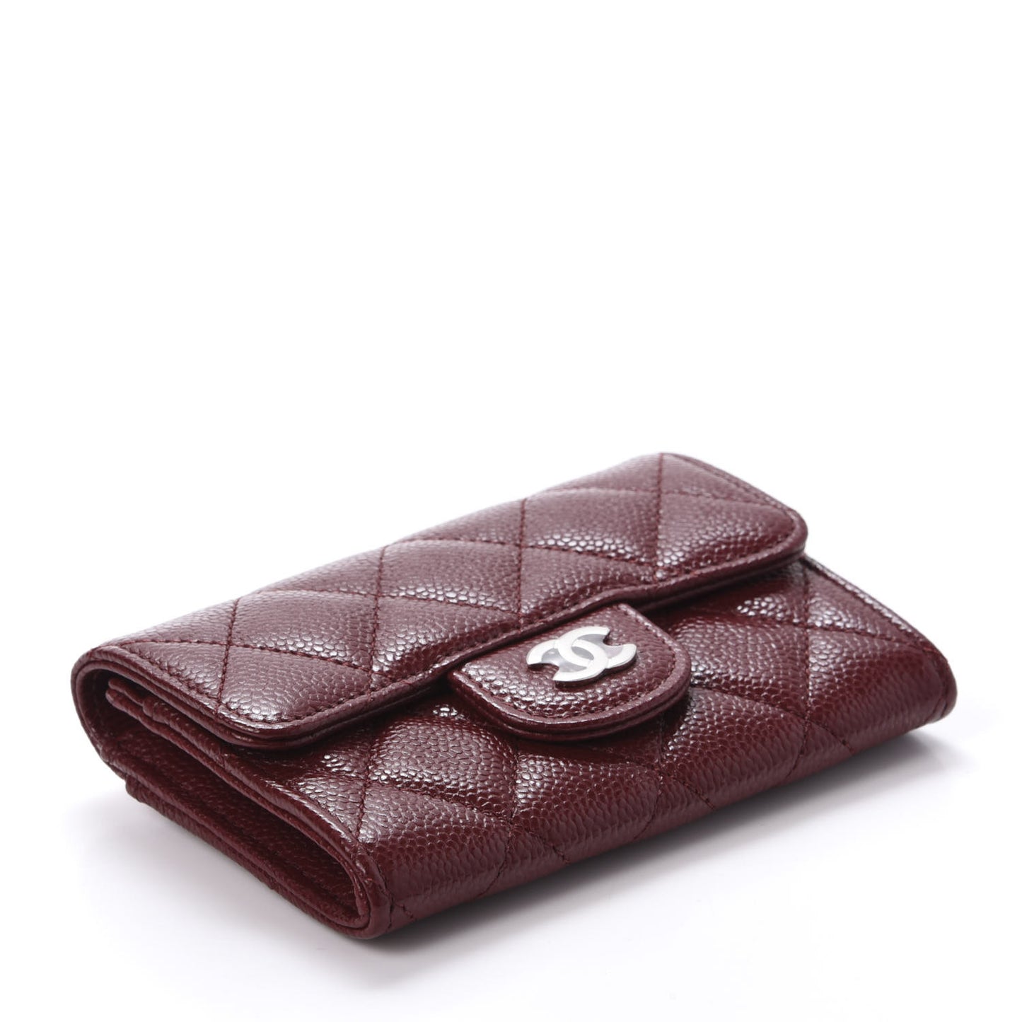 Iridescent Caviar Quilted Flap Card Holder Wallet Burgundy