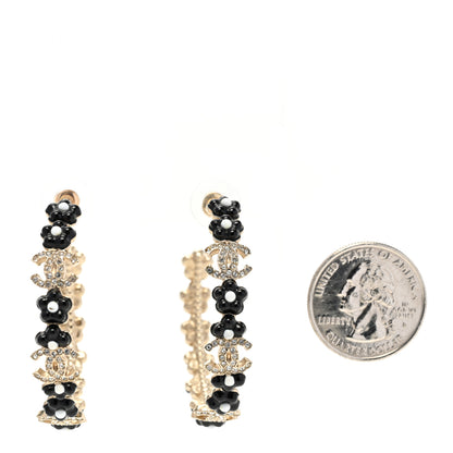 Chanel Metal Strass Crystal Flower CC Hoop Earrings Gold Black White 2 of 5