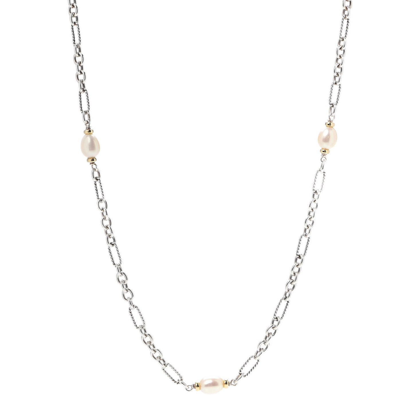 Sterling Silver 18K Yellow Gold Baroque Pearl Long Figaro Chain Necklace
