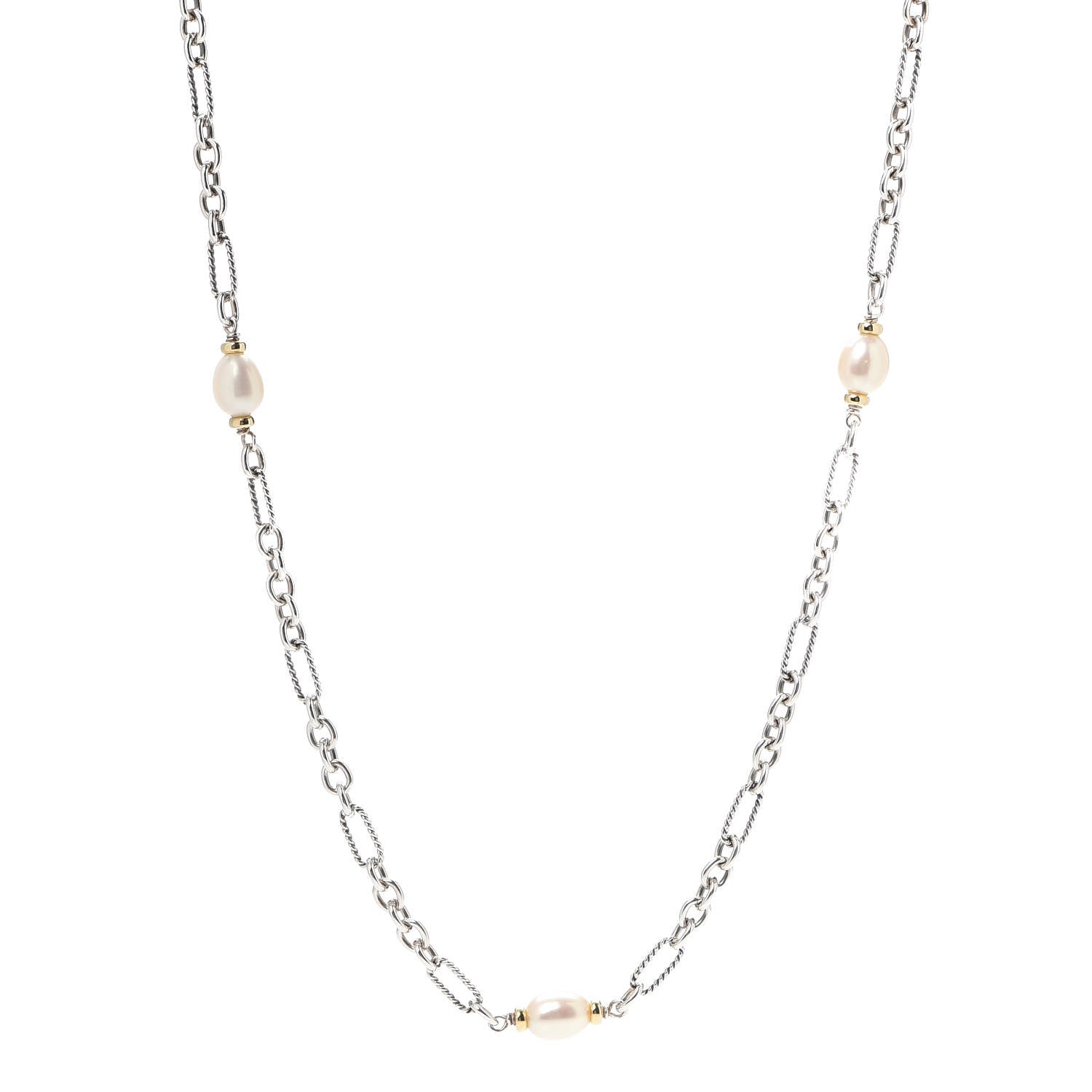 David Yurman Sterling Silver 18K Yellow Gold Baroque Pearl Long Figaro Chain Necklace 1 of 4