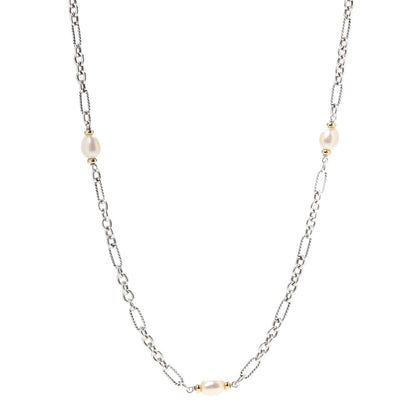 David Yurman Sterling Silver 18K Yellow Gold Baroque Pearl Long Figaro Chain Necklace 1 of 4