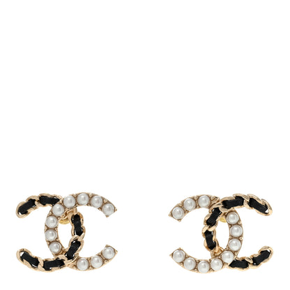 Chanel Pearl Lambskin Chain CC Stud Earrings Gold Black 1 of 6