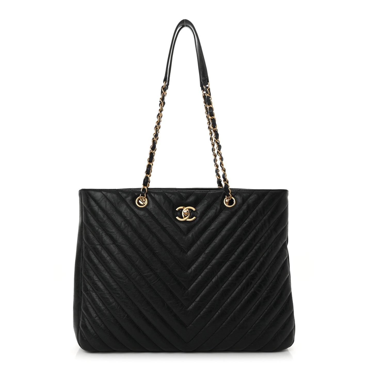 Iridescent Calfskin Chevron Quilted Shopping Tote Black