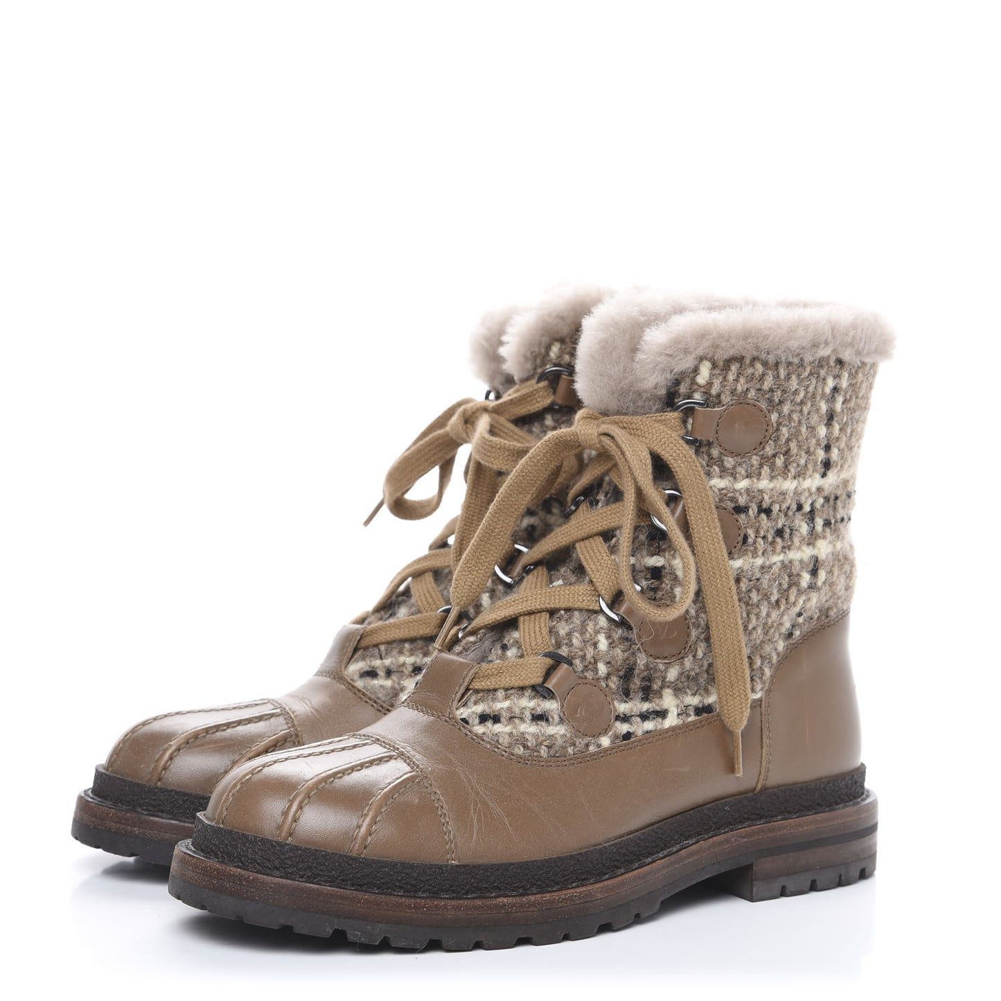 Tweed Shearling Lace Up Short Boots 38.5 Beige