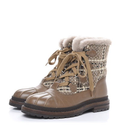 Chanel Tweed Shearling Lace Up Short Boots 38.5 Beige 3 of 9