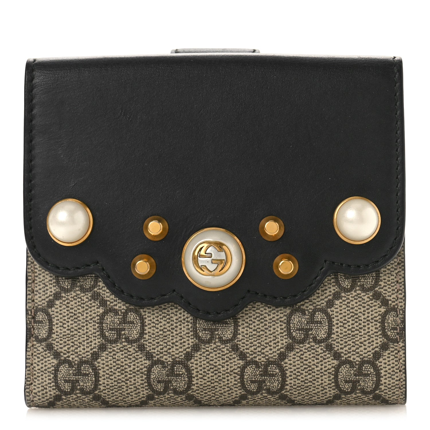 Gucci GG Supreme Monogram Pearl Studded French Wallet Black 1 of 9