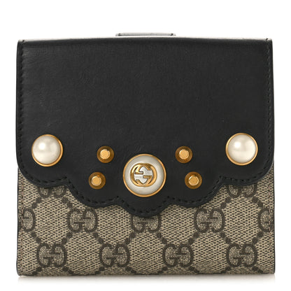 Gucci GG Supreme Monogram Pearl Studded French Wallet Black 1 of 9