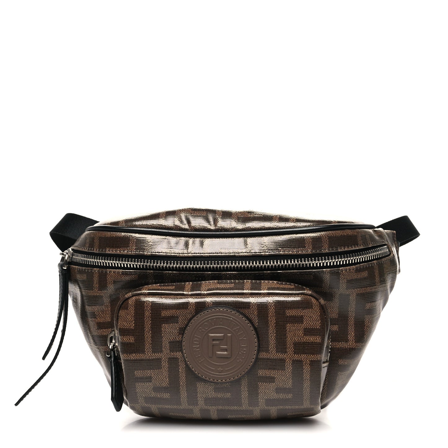Glazed Fabric Vitello Century FF 1974 Stamp Patch Mens Pocket Belt Bag Mogano Panna Black