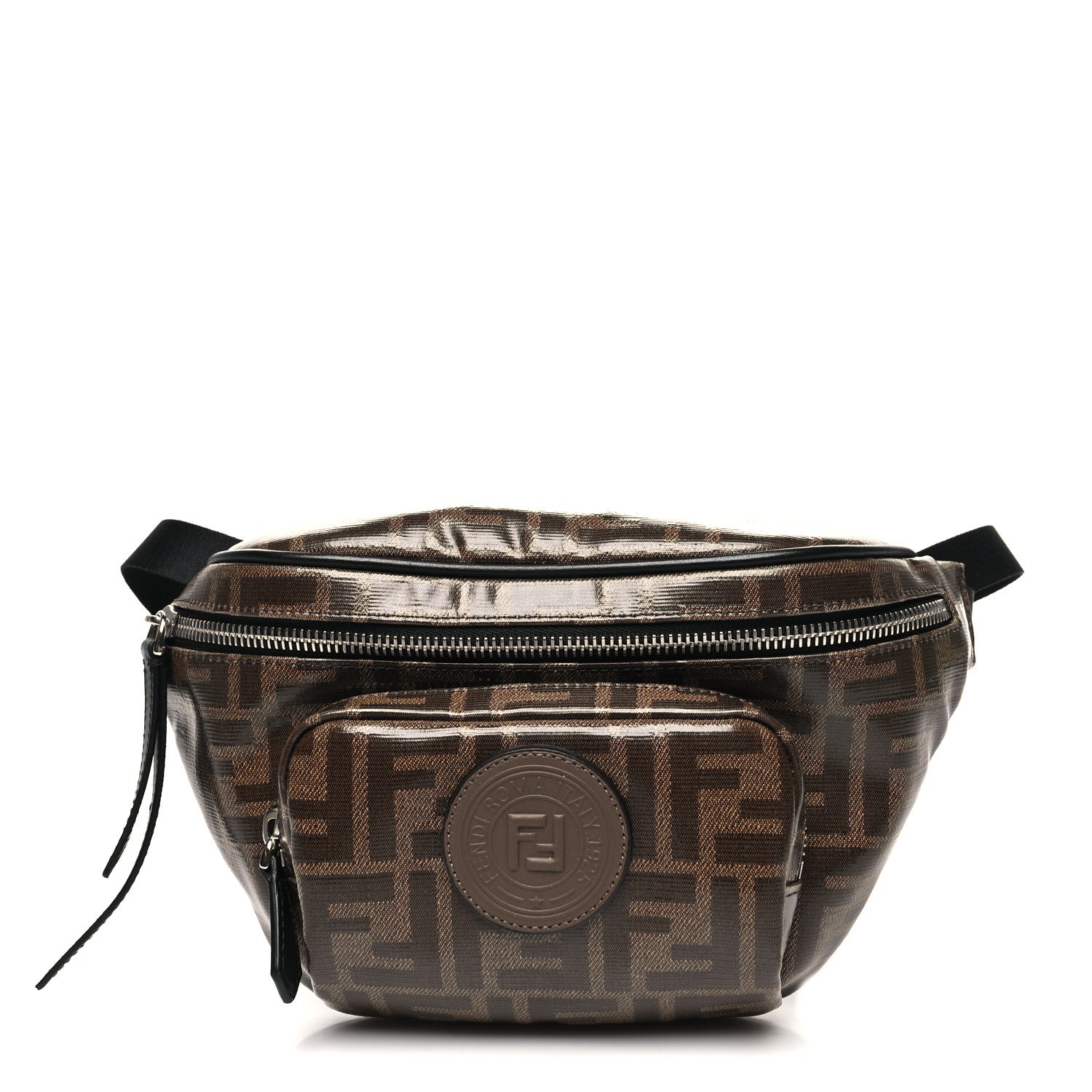 Fendi Glazed Fabric Vitello Century FF 1974 Stamp Patch Mens Pocket Belt Bag Mogano Panna Black 1 of 11