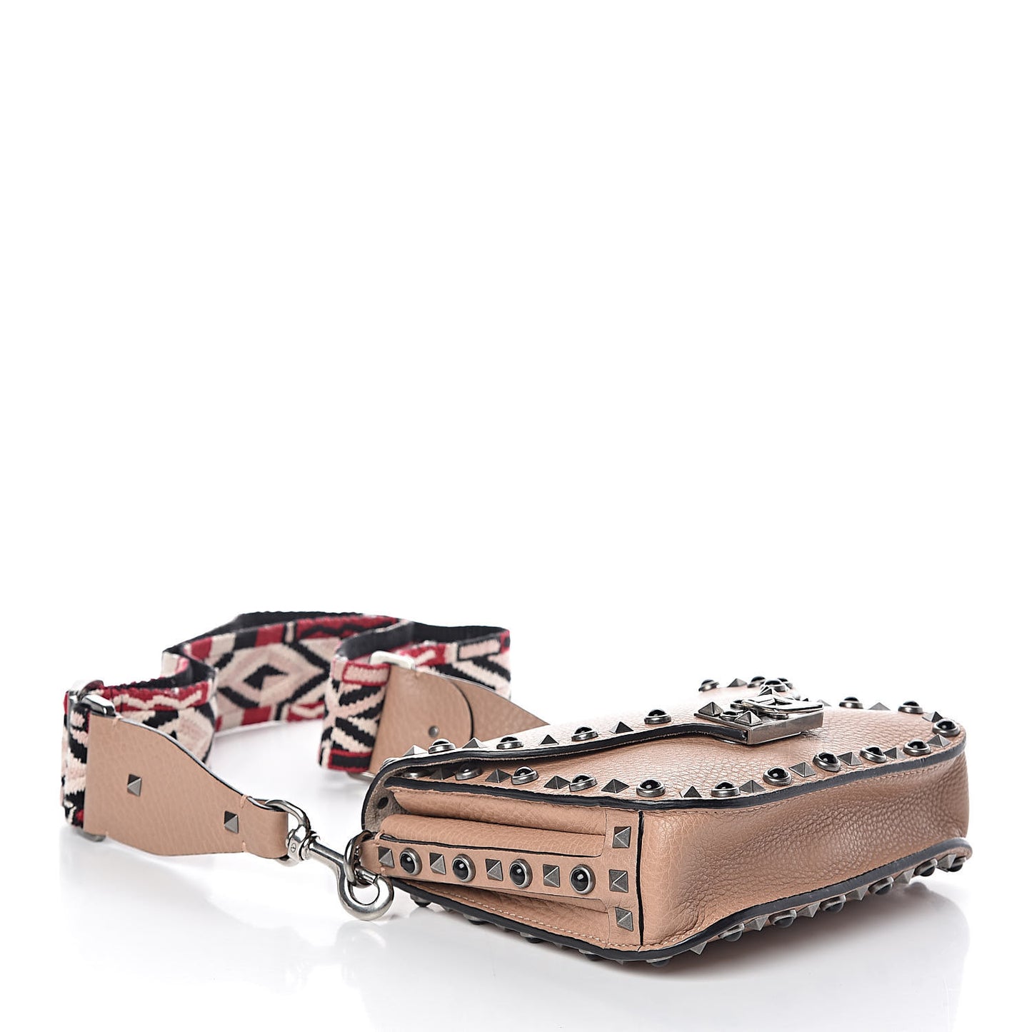 Grained Calfskin Onyx Guitar Strap Rockstud Rolling Shoulder Flap Messenger Bag Soft Noisette