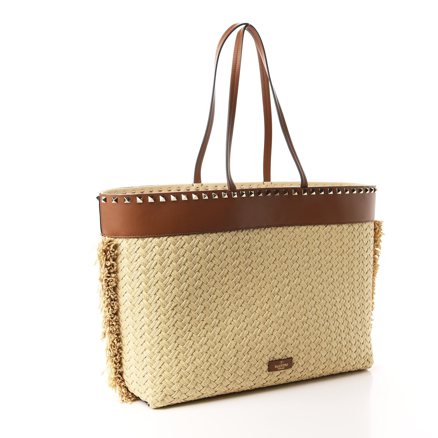 Valentino Garavani Raffia Calfskin Rockstud Shoulder Tote Naturale Saddle Brown 3 of 9