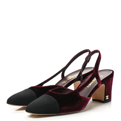 Chanel Velvet Grosgrain Cap Toe CC Slingback Pumps 40.5 Burgundy Black 3 of 8