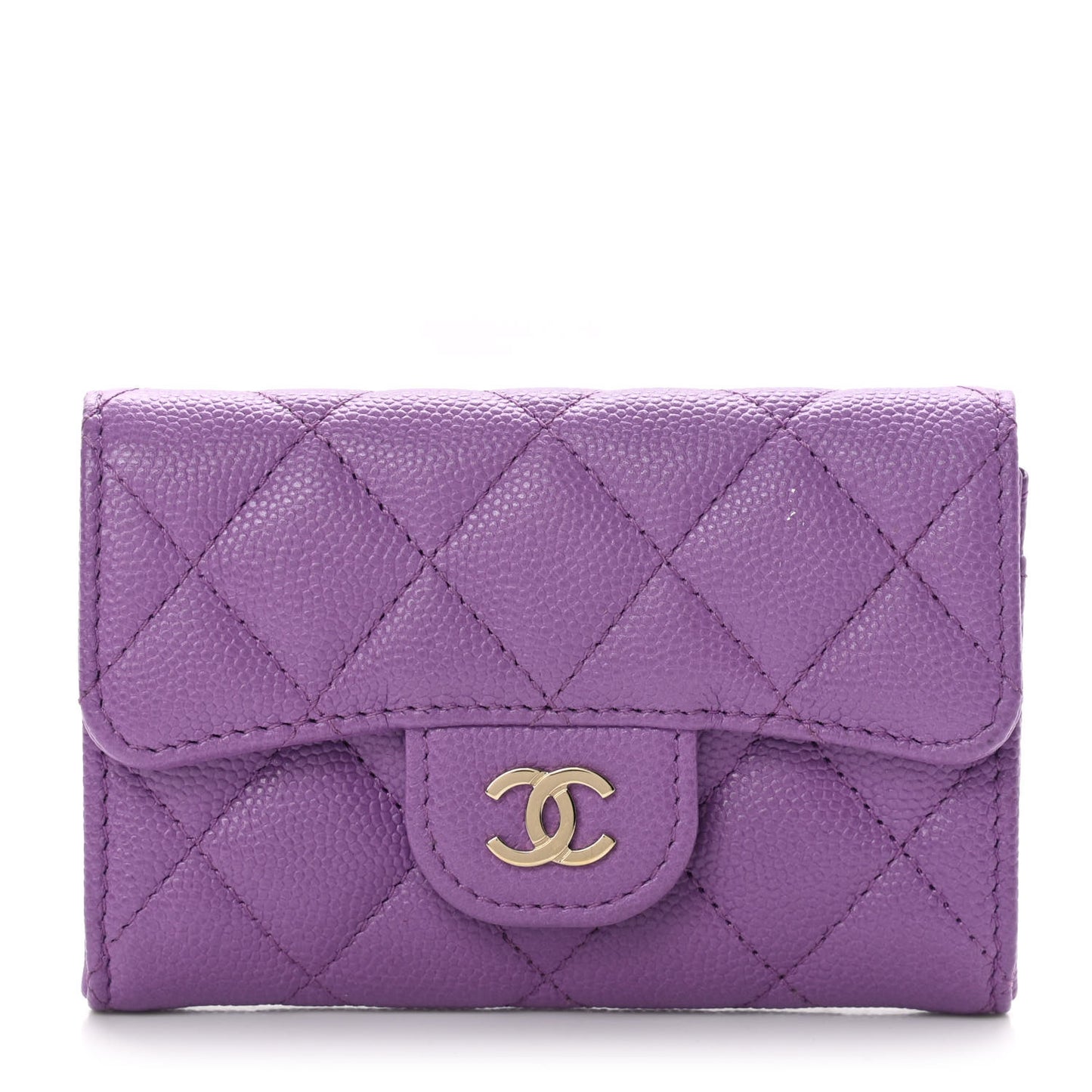 Caviar Quilted Flap Card Holder Wallet Purple