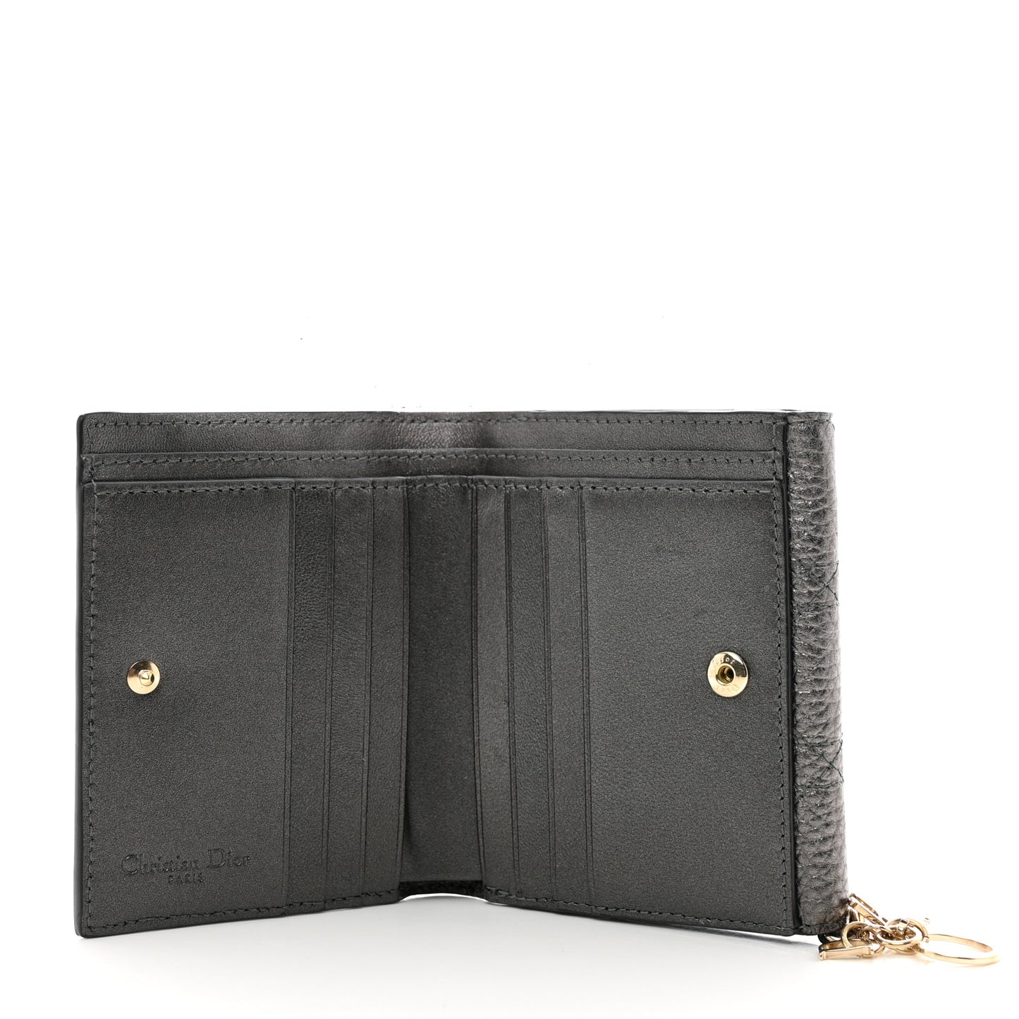 Metallic Grained Calfskin Cannage Lady Dior French Wallet Gunmetal