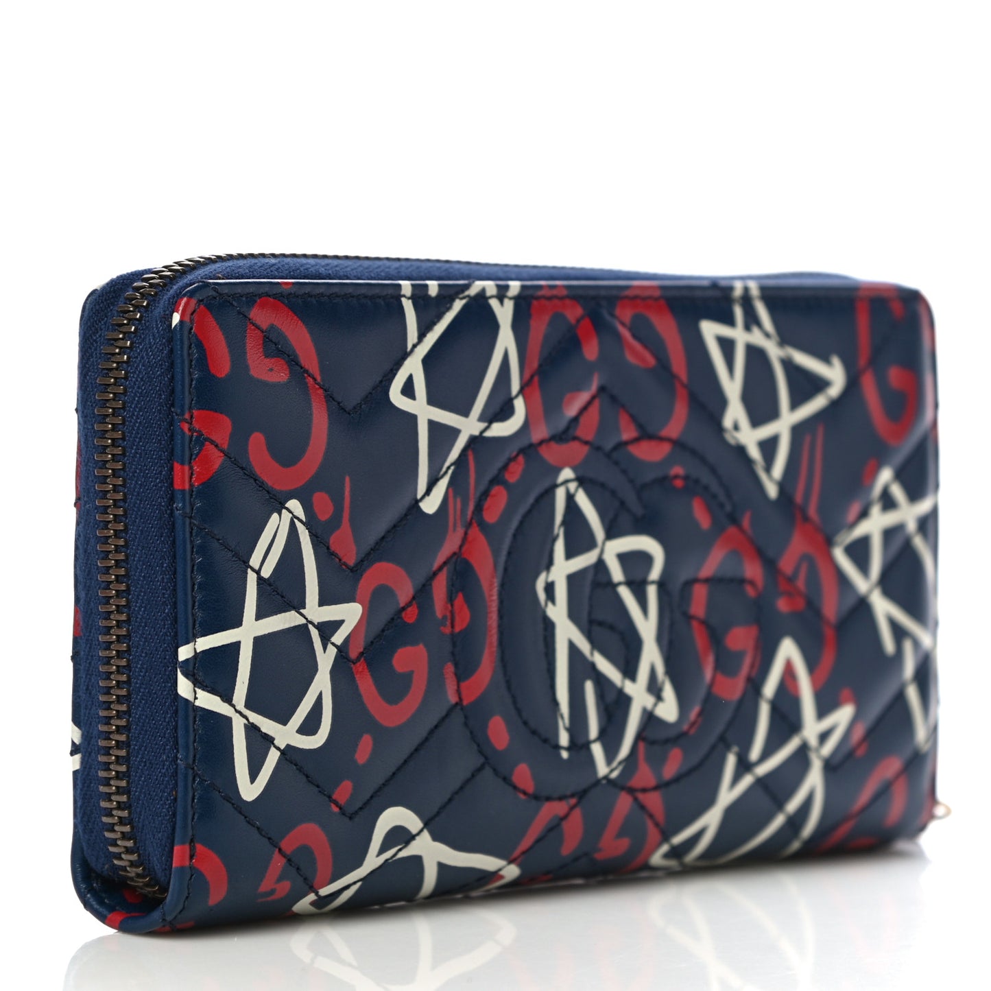 Calfskin Matelasse GucciGhost GG Marmont Zip Around Wallet Blue Agata Hibiscus Red