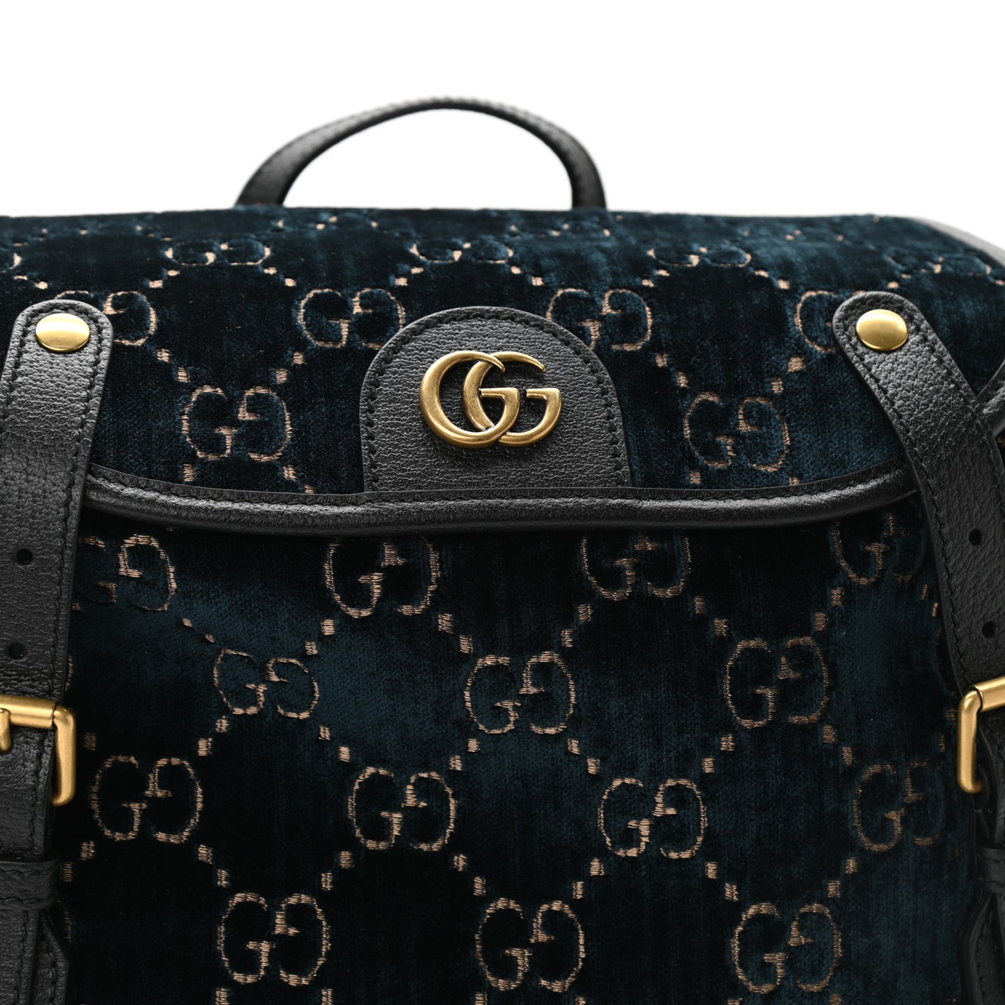 Velvet GG Monogram Textured Calfskin Web Small Double Buckle Backpack Blue Beige Black