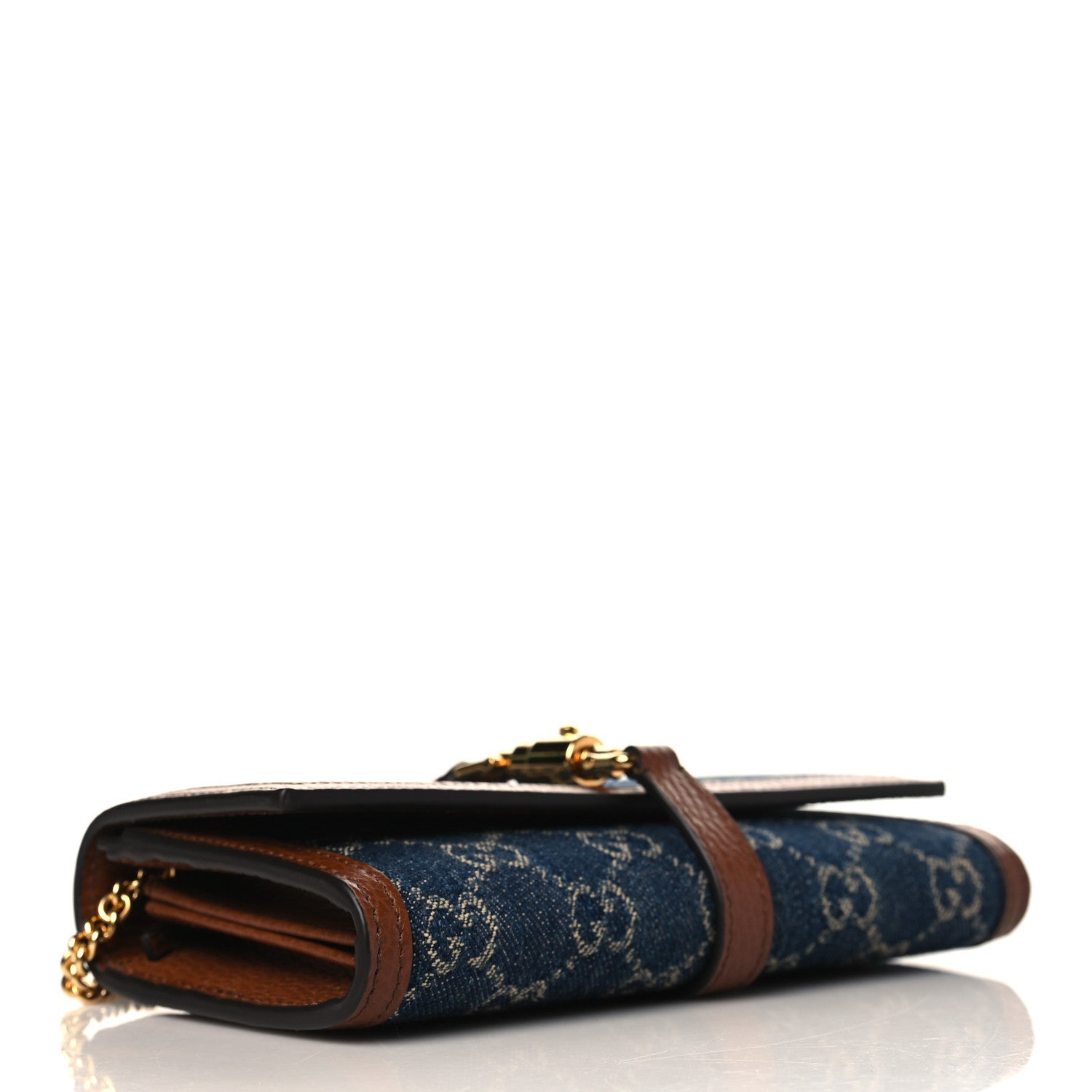Gucci New Denim GG Monogram Jackie 1961 Chain Wallet Blue Tea Cuir 4 of 9