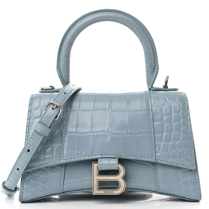 Balenciaga Shiny Calfskin Crocodile Embossed Hourglass Top Handle Bag XS Blue Grey 9 of 15