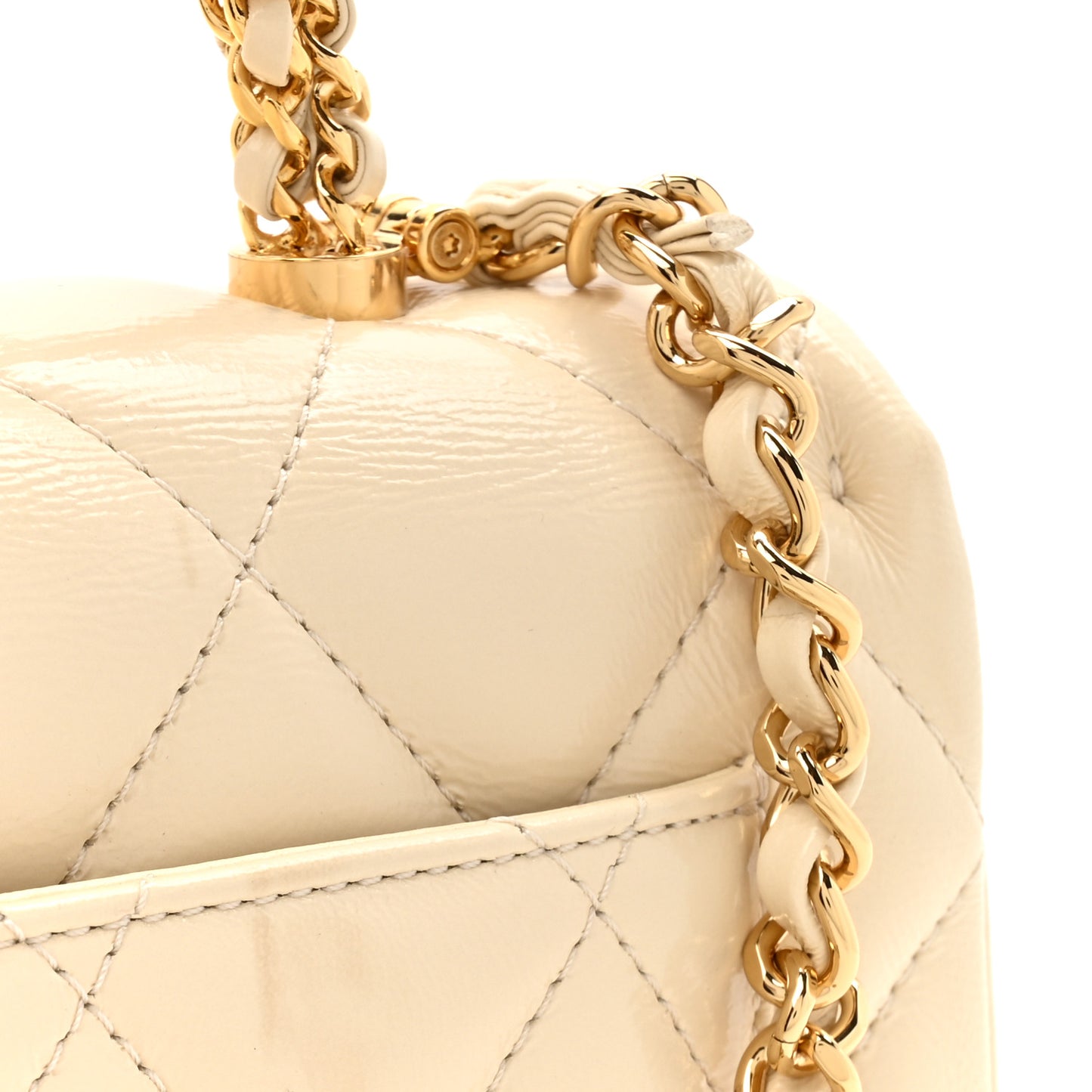 Shiny Lambskin Quilted Golden Links Top Handle Flap White