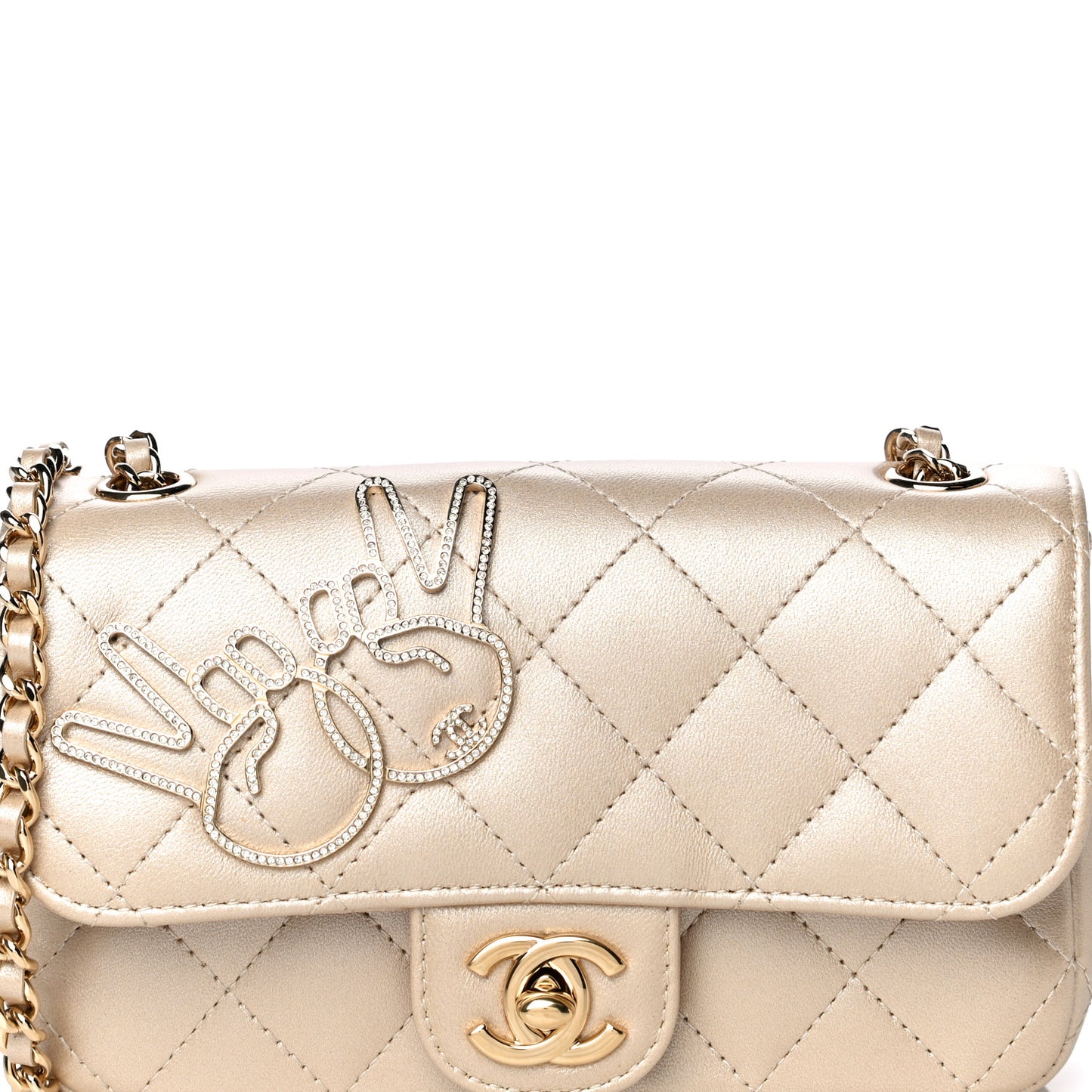 Metallic Lambskin Quilted Extra Mini V For Victory Flap Light Gold