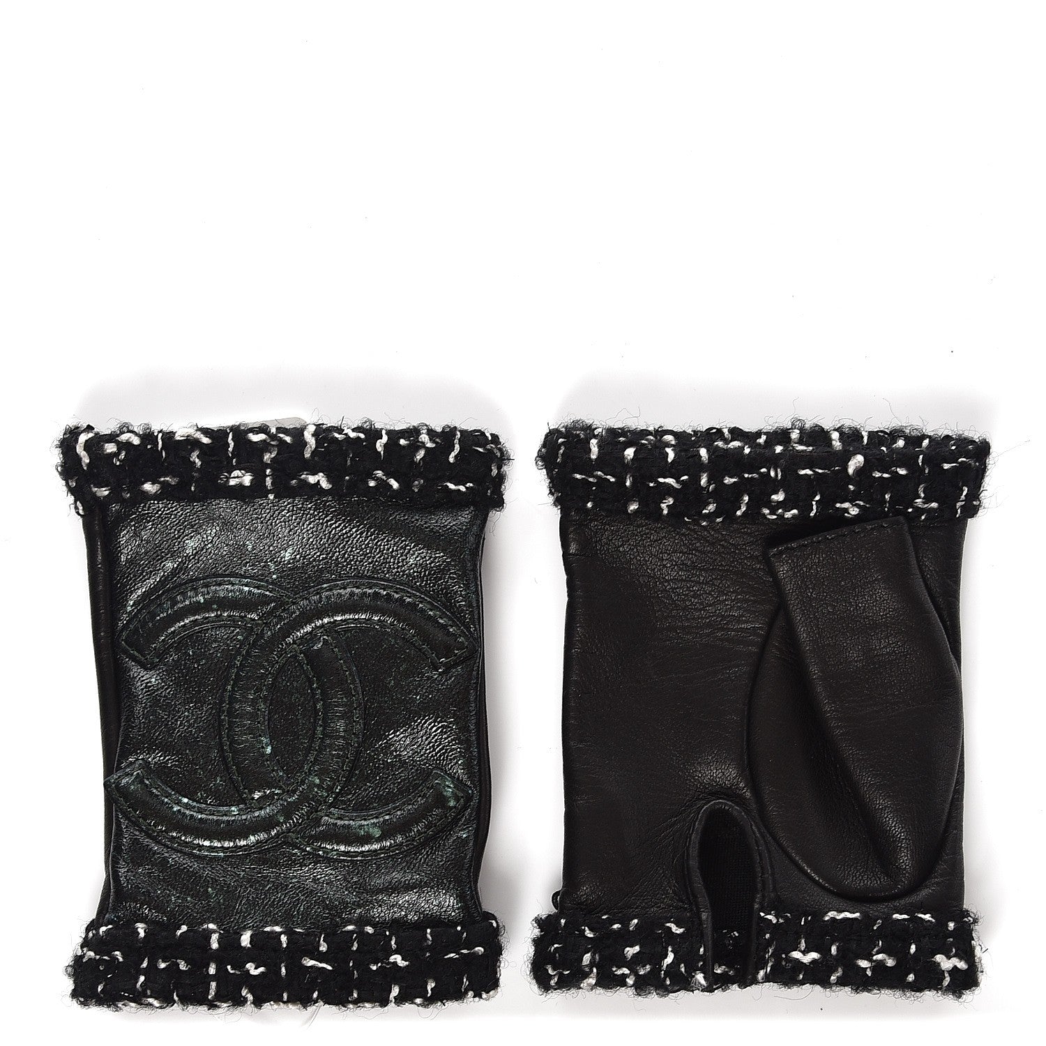 Chanel Lambskin Fantasy Tweed CC Fingerless Gloves 6.5 Black Green 1 of 5