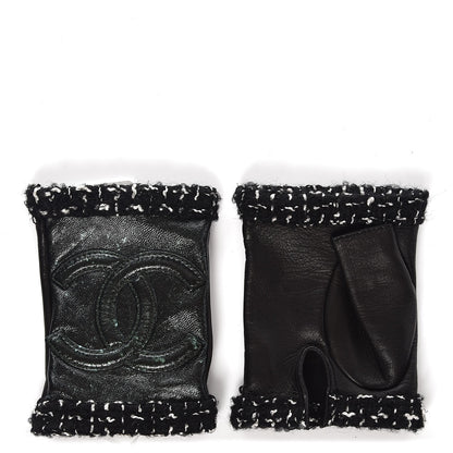 Chanel Lambskin Fantasy Tweed CC Fingerless Gloves 6.5 Black Green 1 of 5