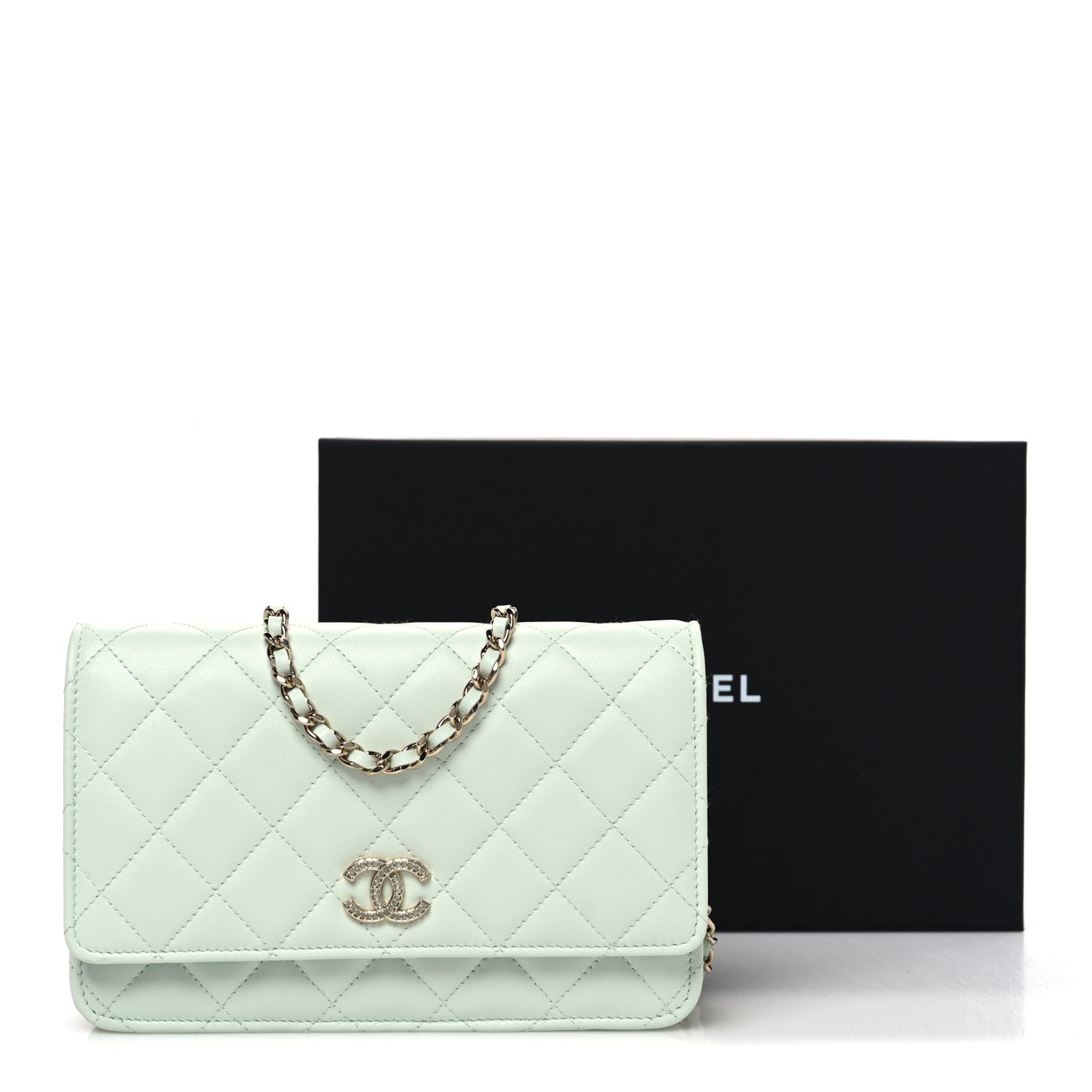 Lambskin Quilted Textured CC Wallet On Chain WOC Light Green