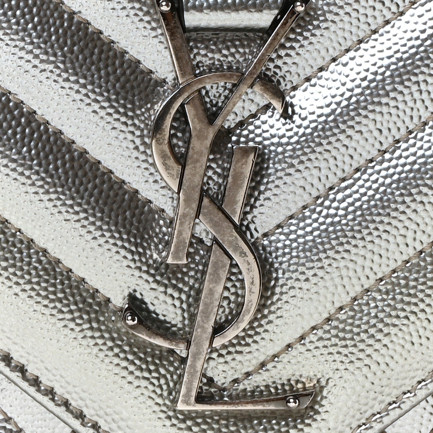 Metallic Grain De Poudre Textured Mixed Matelasse Triquilt Medium Monogram Satchel Silver