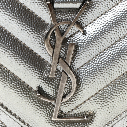 Saint Laurent Metallic Grain De Poudre Textured Mixed Matelasse Triquilt Medium Monogram Satchel Silver 7 of 9