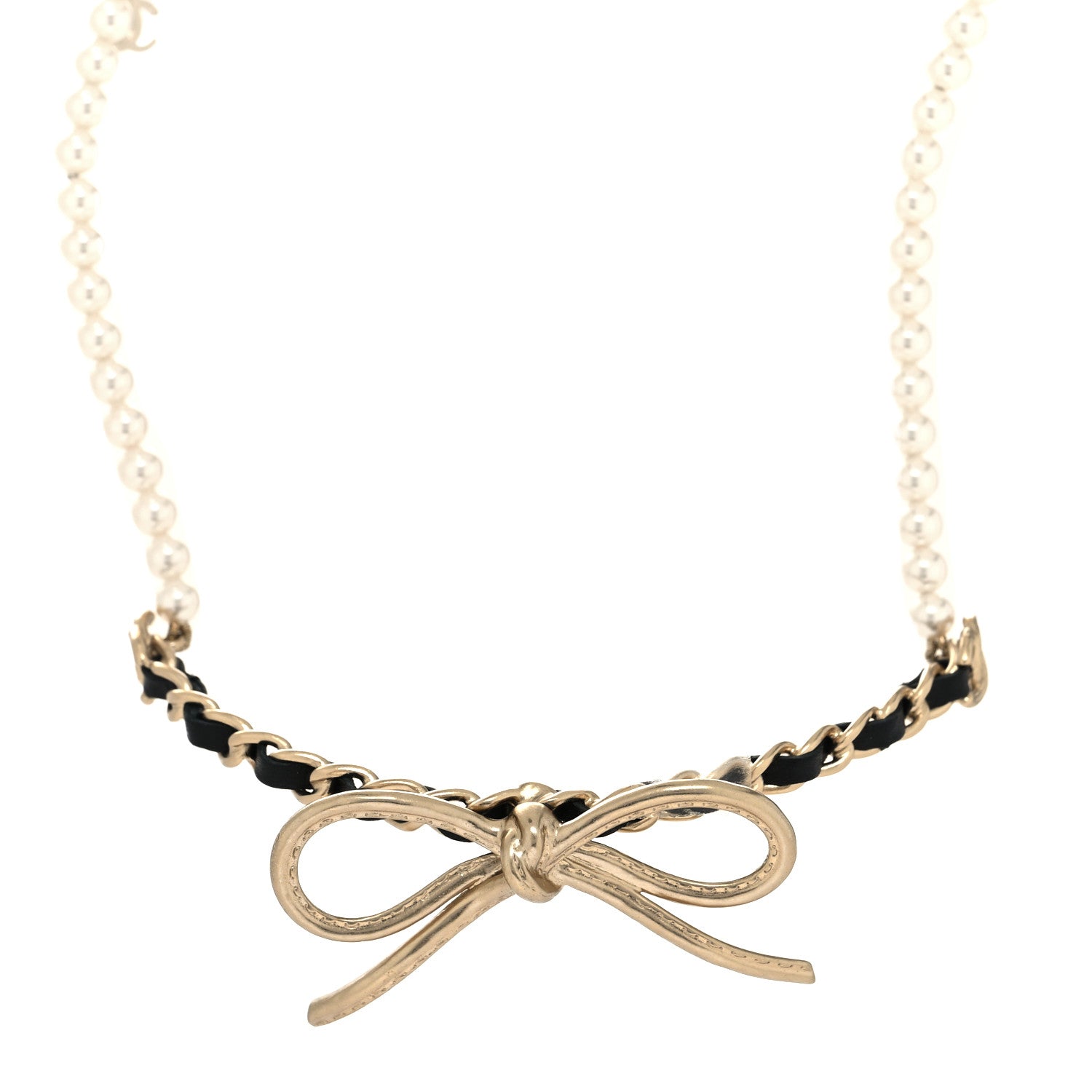 Chanel Calfskin Pearl Metal CC Bow Choker Necklace Gold White Black 2 of 5