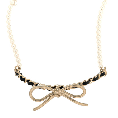Chanel Calfskin Pearl Metal CC Bow Choker Necklace Gold White Black 2 of 5