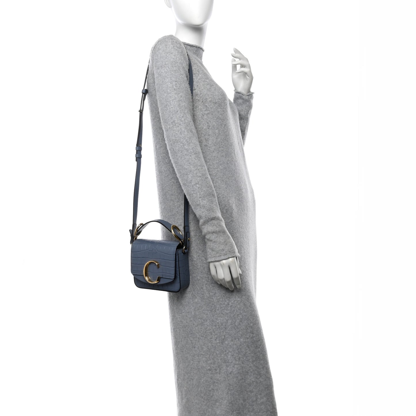 Calfskin Crocodile Embossed Mini C Double Carry Ash Blue