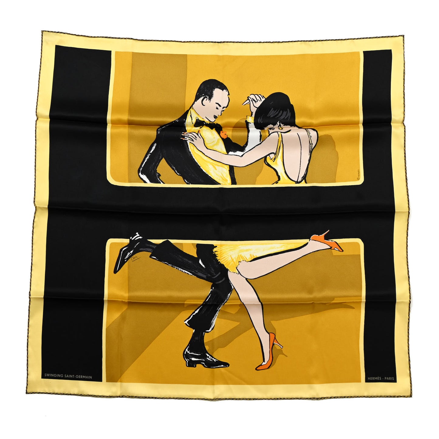 Silk Swinging Saint Germain Scarf 70 Black Jaune Vieil Or