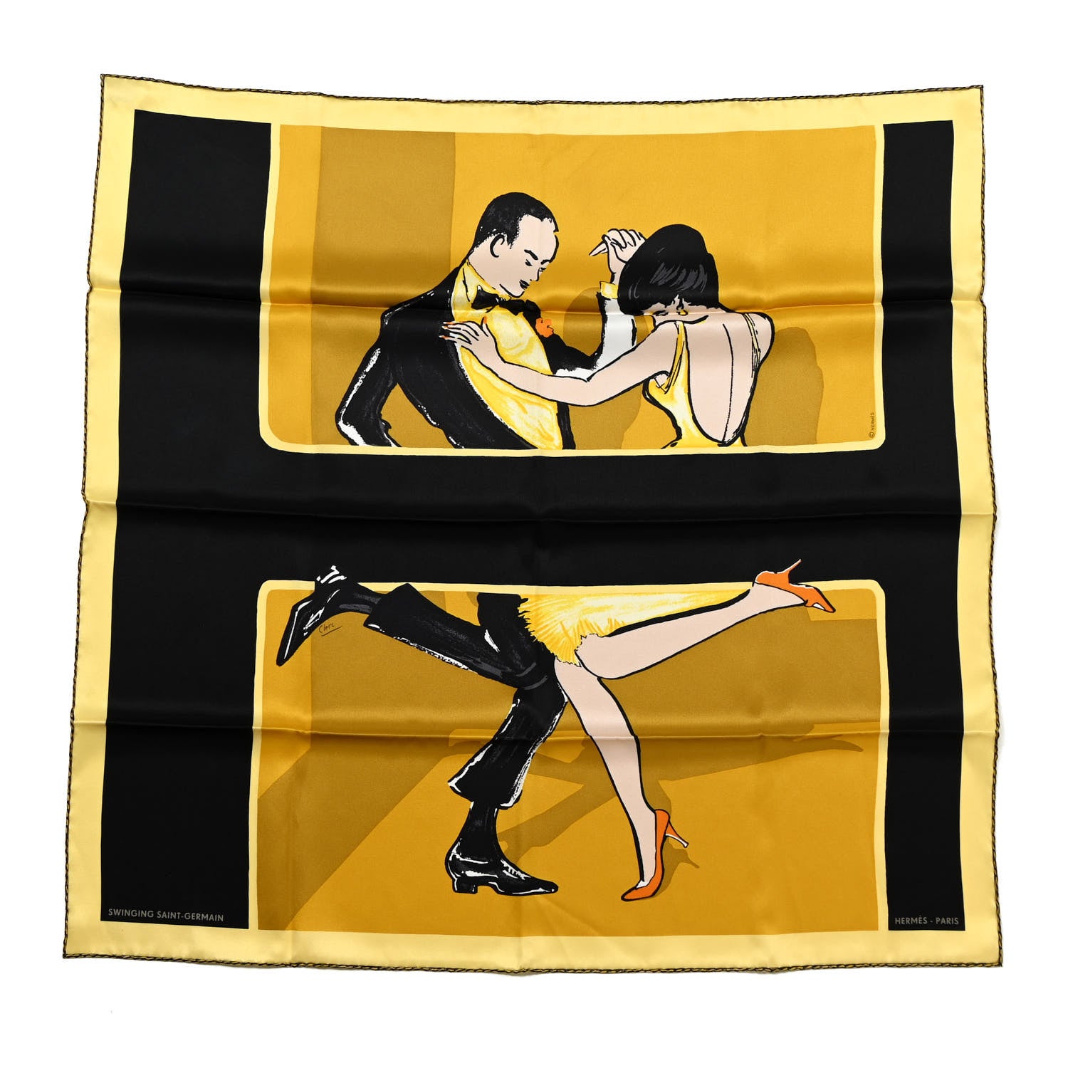 Hermes Silk Swinging Saint Germain Scarf 70 Black Jaune Vieil Or 1 of 6
