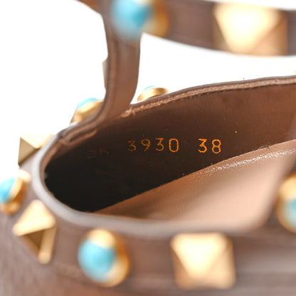 Valentino Garavani Pebbled Calfskin Turquoise Rockstud Rolling Ankle Strap 100mm Pumps 38 Cacao 8 of 10