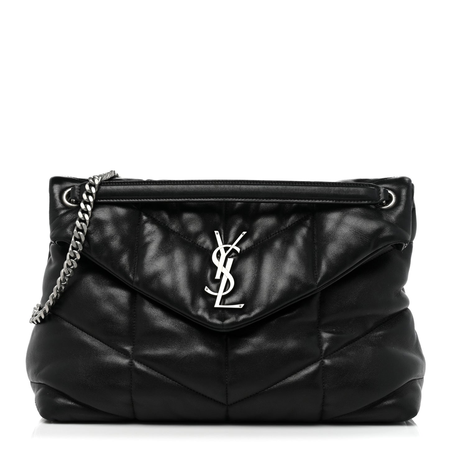 Lambskin Quilted Medium Loulou Puffer Monogram Chain Satchel Black