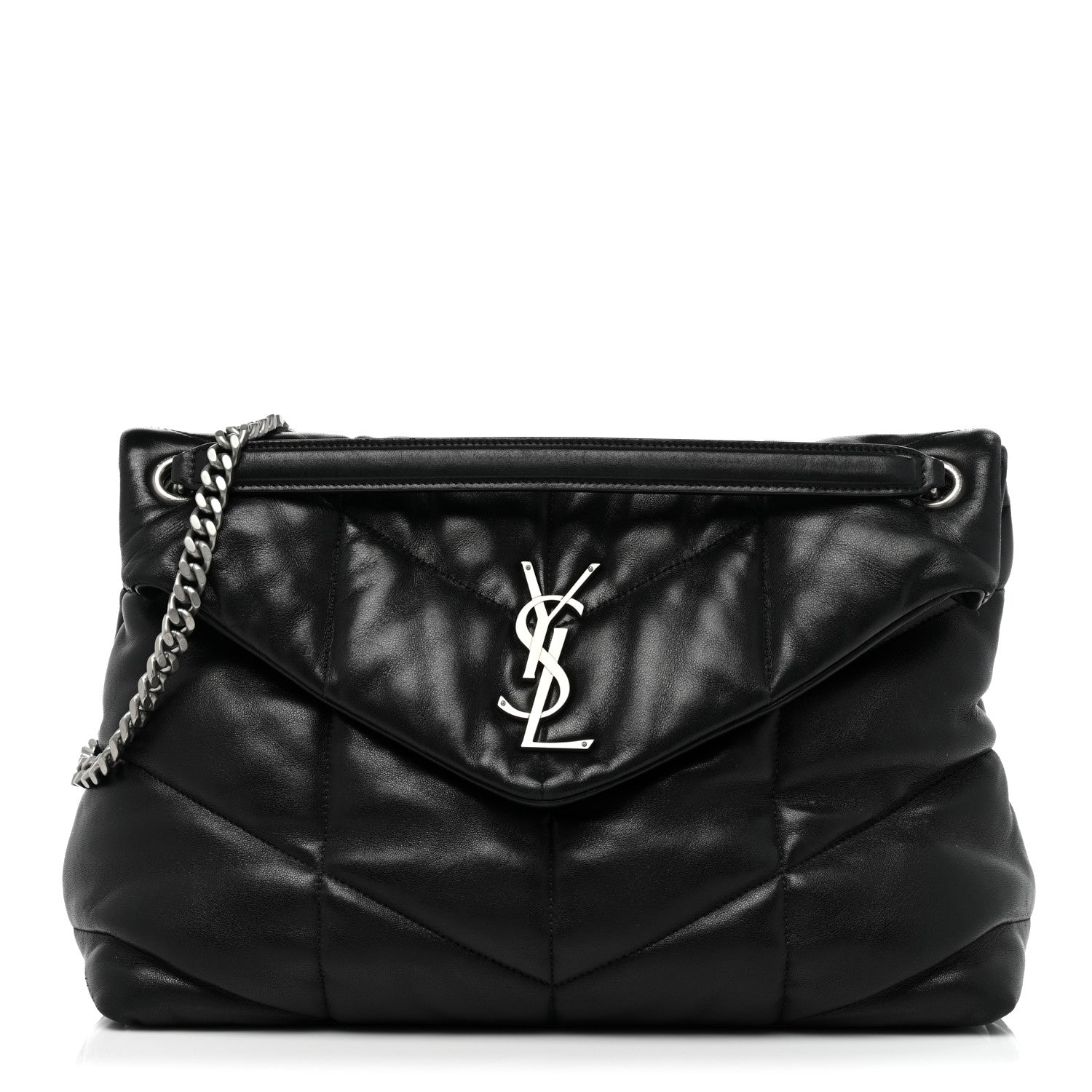 Saint Laurent Lambskin Quilted Medium Loulou Puffer Monogram Chain Satchel Black 1 of 16