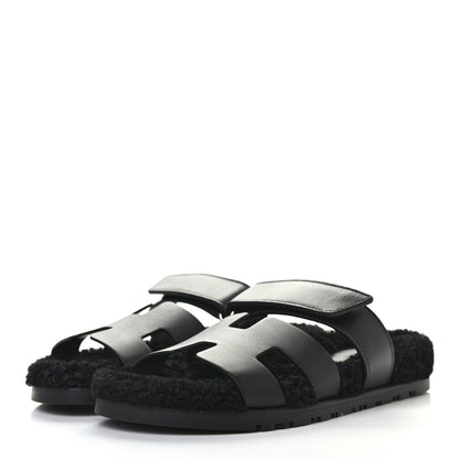Hermes Calfskin Woolskin Womens Chypre Sandals 38 Black 3 of 7