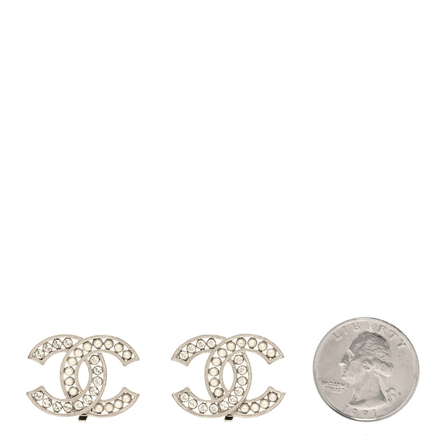 Chanel Crystal Pearl CC Clip On Earrings Silver 2 of 4
