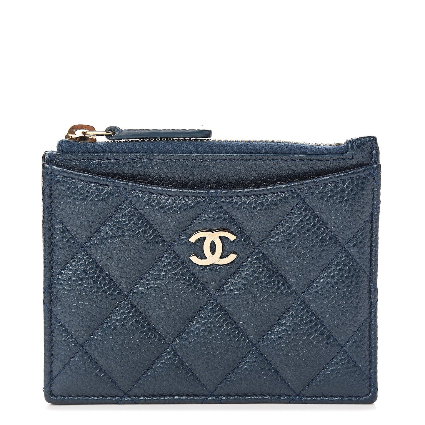 Metallic Caviar Quilted CC Zip Card Holder Dark Blue