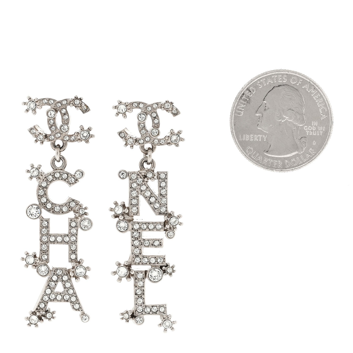 Chanel Crystal Cha-Nel Logo Drop Earrings Silver 2 of 5