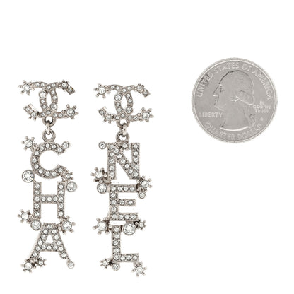 Chanel Crystal Cha-Nel Logo Drop Earrings Silver 2 of 5