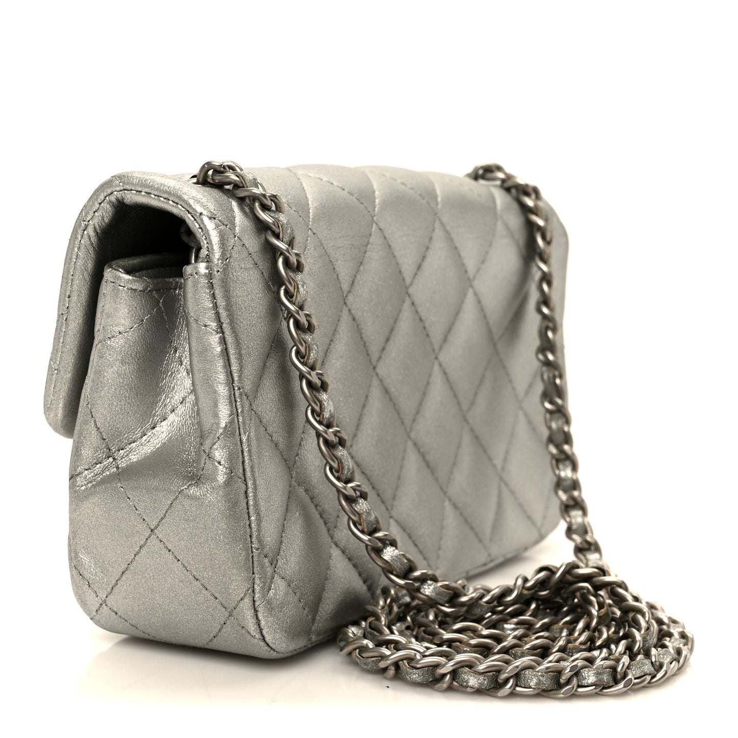 Metallic Lambskin Quilted Extra Mini Rectangular Flap Silver