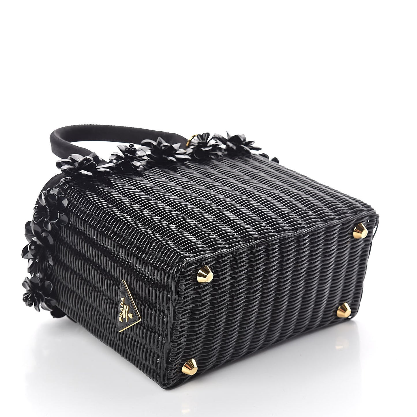 Wicker Canvas Floral Embellished Shoulder Bag Black