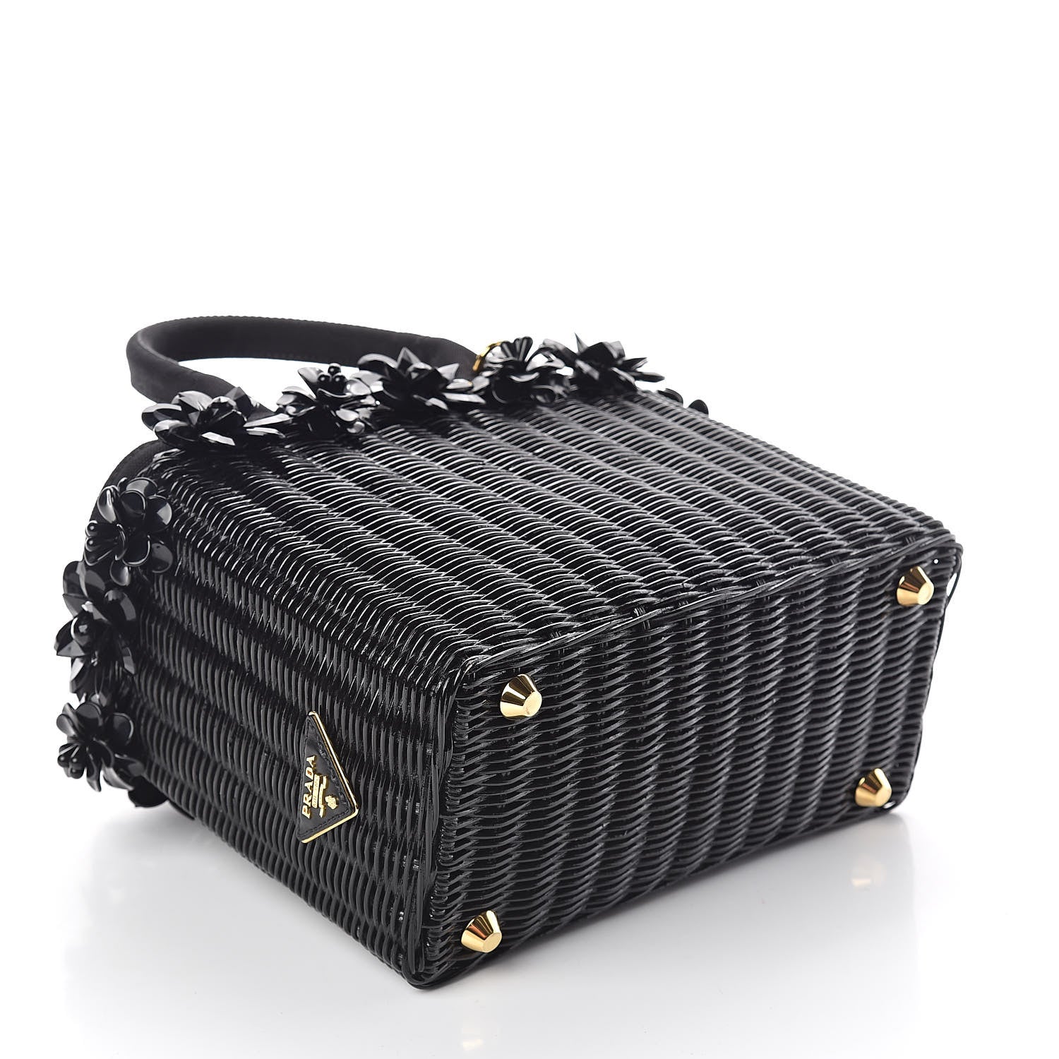 Prada Wicker Canvas Floral Embellished Shoulder Bag Black 4 of 9